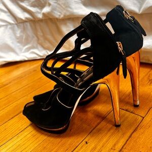 BCBGMaxAzria Black and Gold Strappy Stilettos